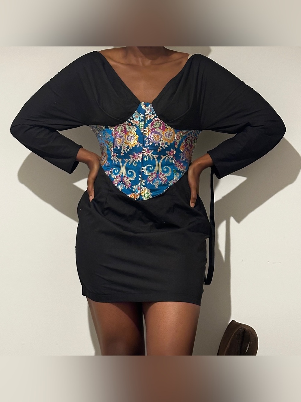 PrettyLittleThing Black Floral Oriental Print Jacquard Corset Mini Dress, US 4